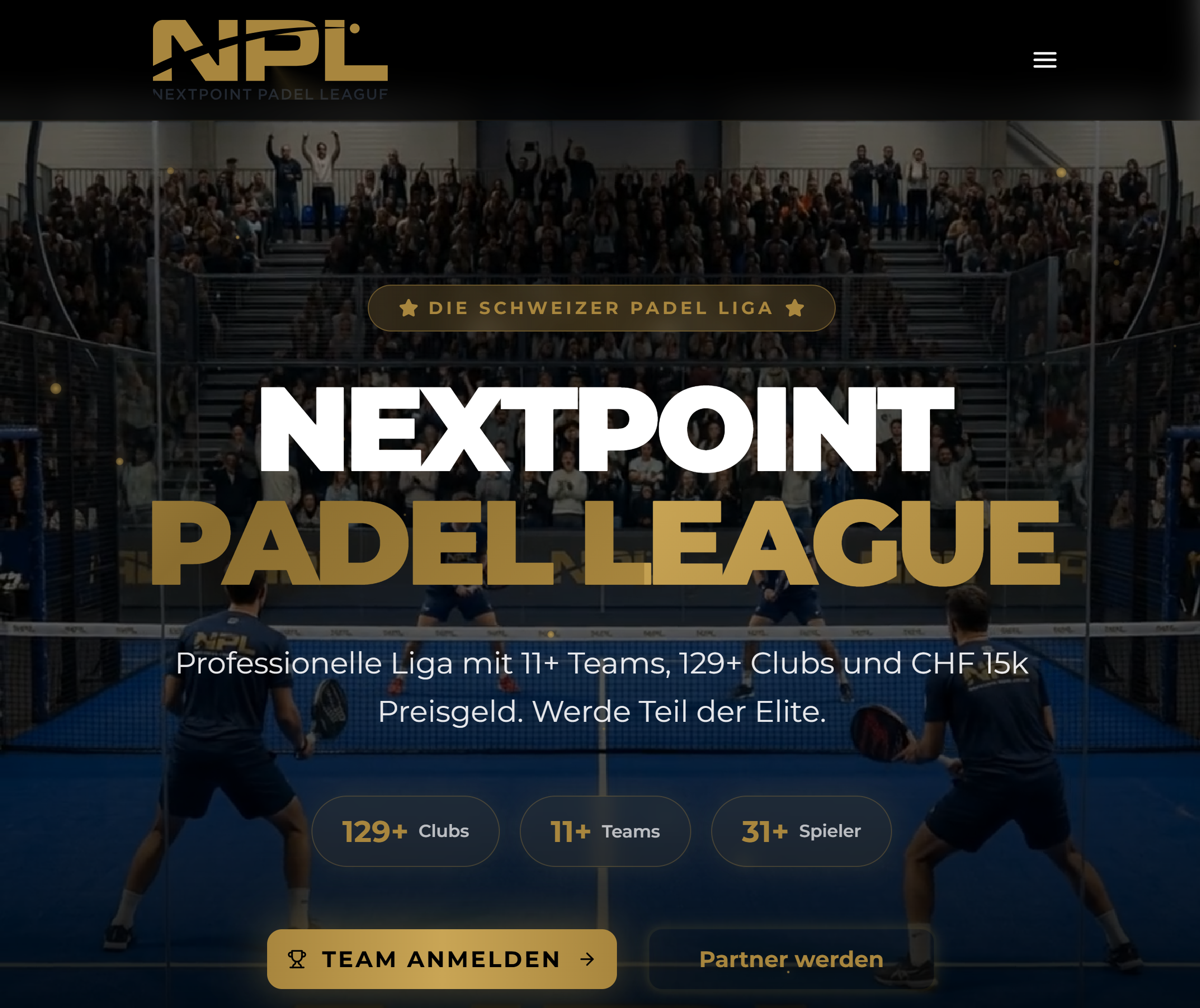 Screenshot der NextPoint Padel League Website – Startseite mit NPL-Logo, Padel-Court-Hintergrund und Statistiken